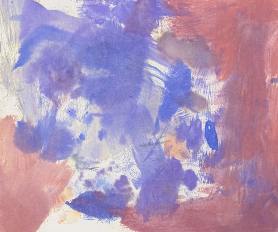 Purple-blue painted cloud shapes surrounded by dusty pink