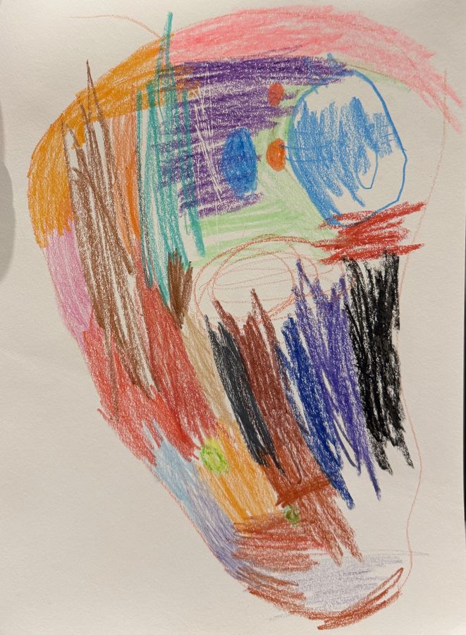 Crayon drawing of a large rounded shape filled with dense strokes of orange, purple, black and blue