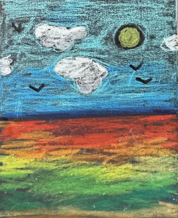 Oil pastel landscape: blue sky with white clouds, a sun and birds above stripes of red, orange, yellow and green