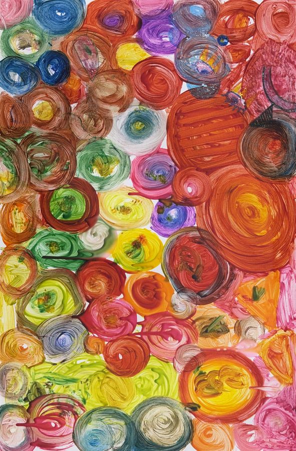 Canvas covered edge to edge in swirled circles of every color