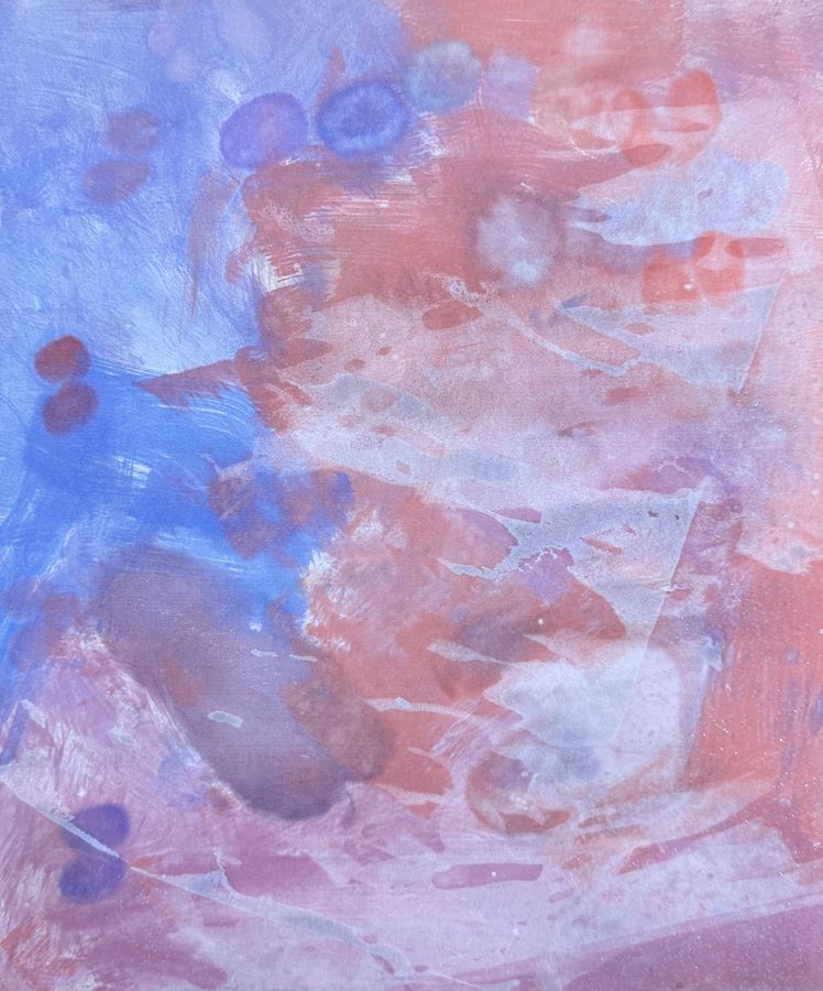Soft washes of blue and coral with small round dabs of purple
