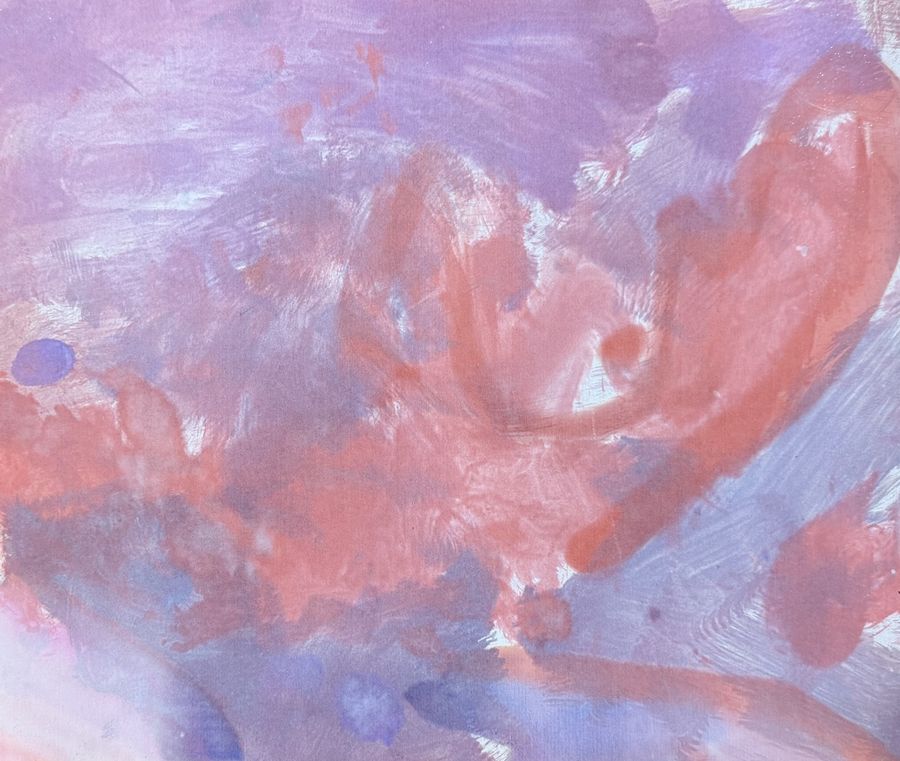 Lilac painting with a sweeping coral wave through the middle